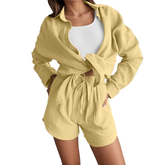 Arlun Womens Casual 2 Piece Outfits Lightweight Comfy Cotton Linen Sets Button down Long Sleeve Oversized Shirt and Loose Shorts 2026 Solid Color Loungewear Beach Set Yellow XL