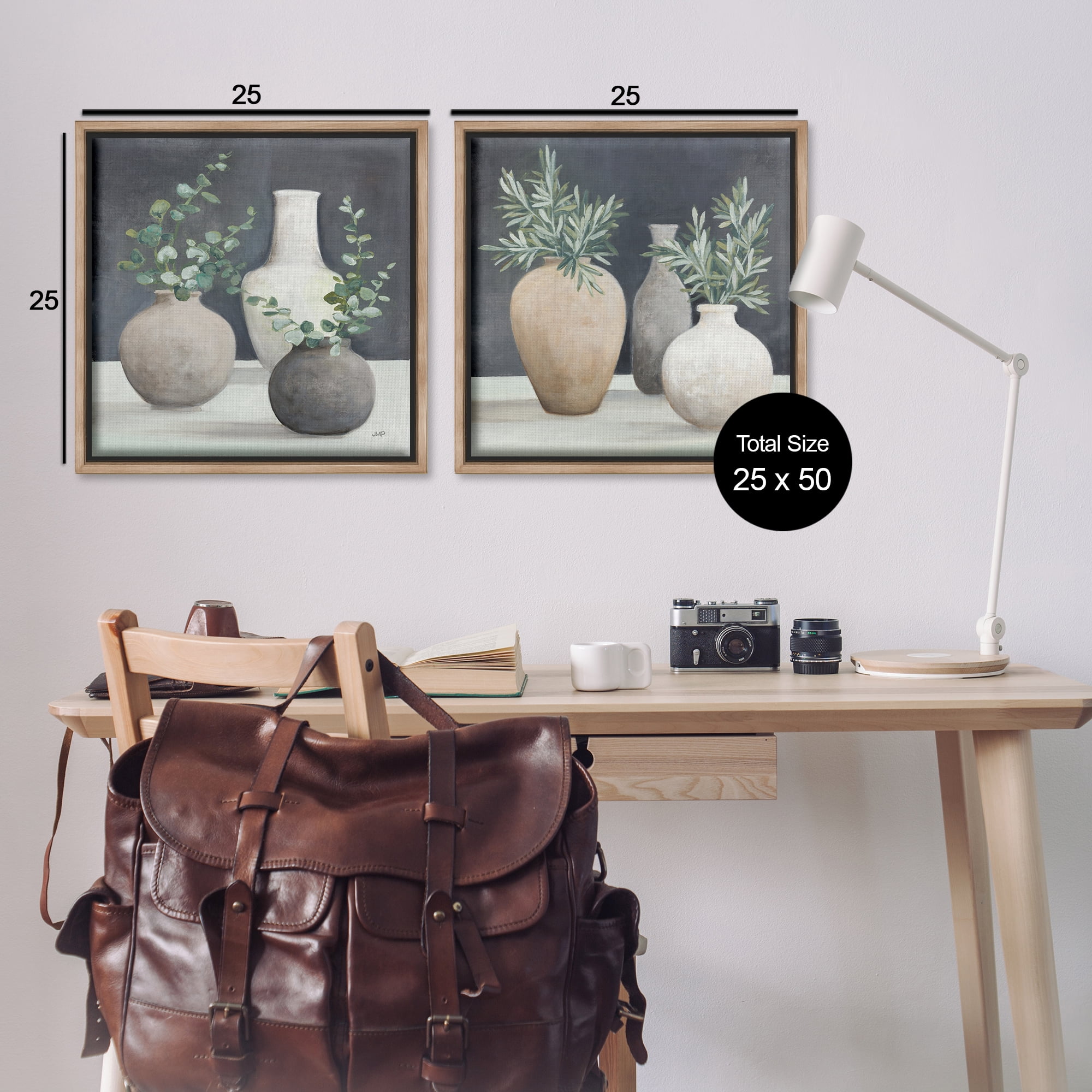 Stupell Industries Eucalyptus Greens Fresh Vessels Plants & Flowers Painting Brown Floater Framed Canvas Art Print Wall Art, 25 x 25, Set of 2