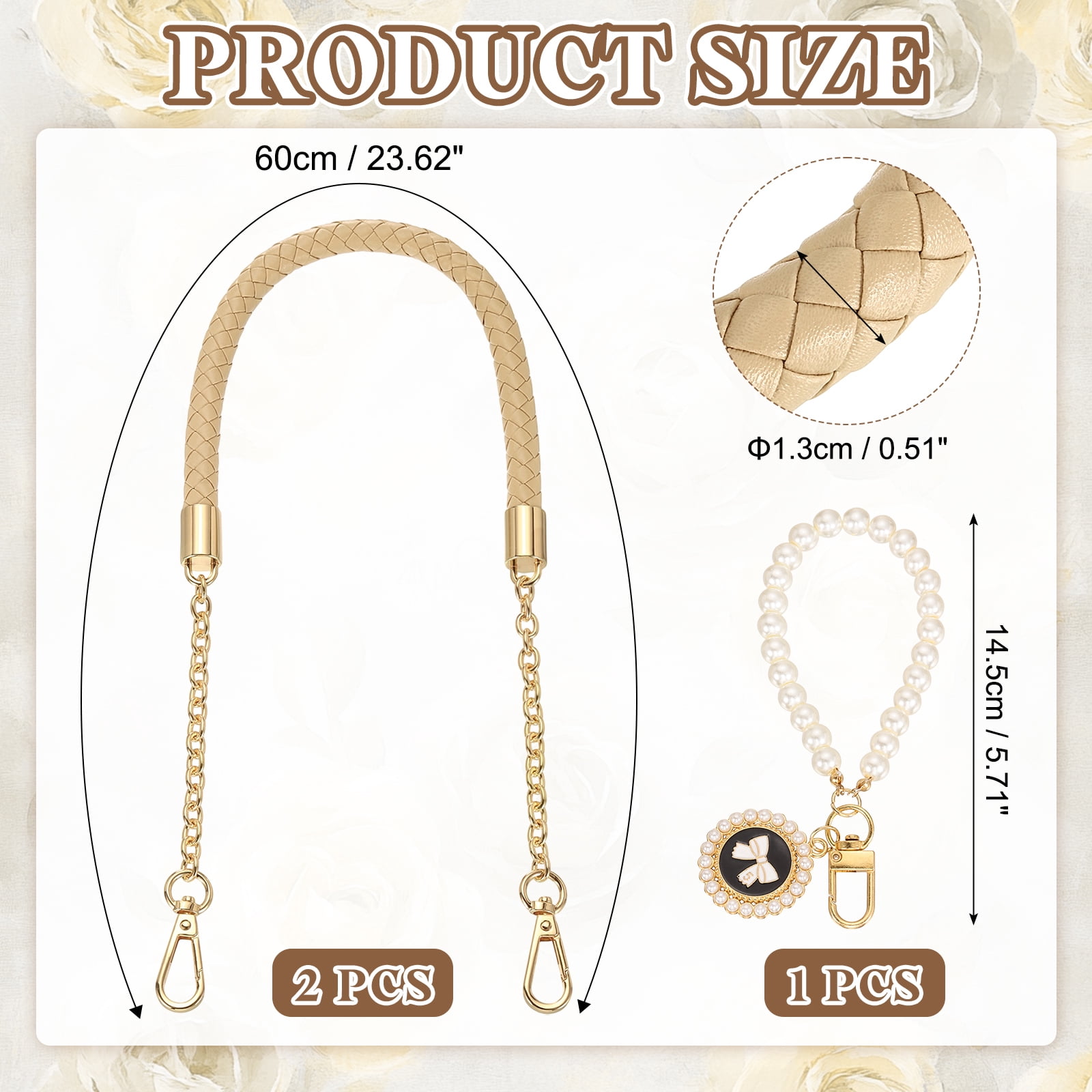 Uxcell 2 Pcs PU Leather Chain Purse Strap, 23.6 Inch Braided Purse Handles Replacement Strap with Pearl Pendant for Tote Bag Handbag Underarm Bag (Beige, Light Gold Chain)