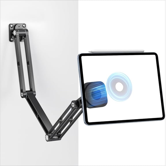 Magnetic Tablet Wall Mount iPad Aluminum Holder - 360° Adjustable & Extendable 3-Stage Metal Arm, Universal Heavy Duty Metal Stand