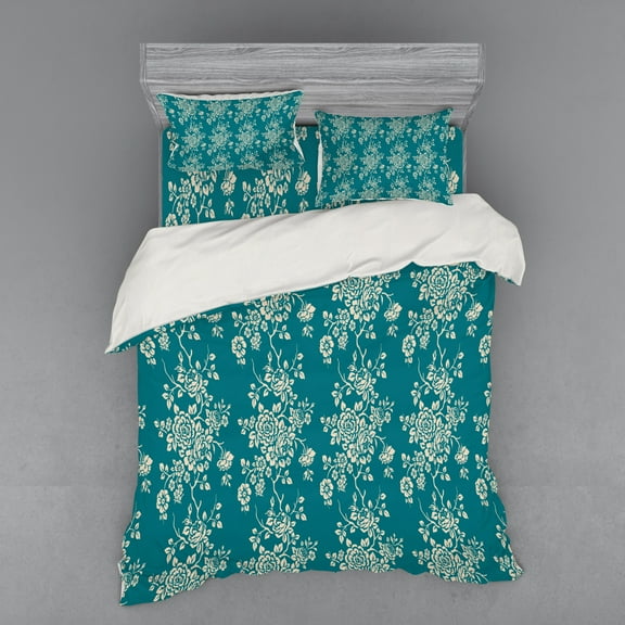 Ambesonne Leaf Bedding Set 4 Pcs, Roses on Blossoming Branches, Queen, Teal Beige