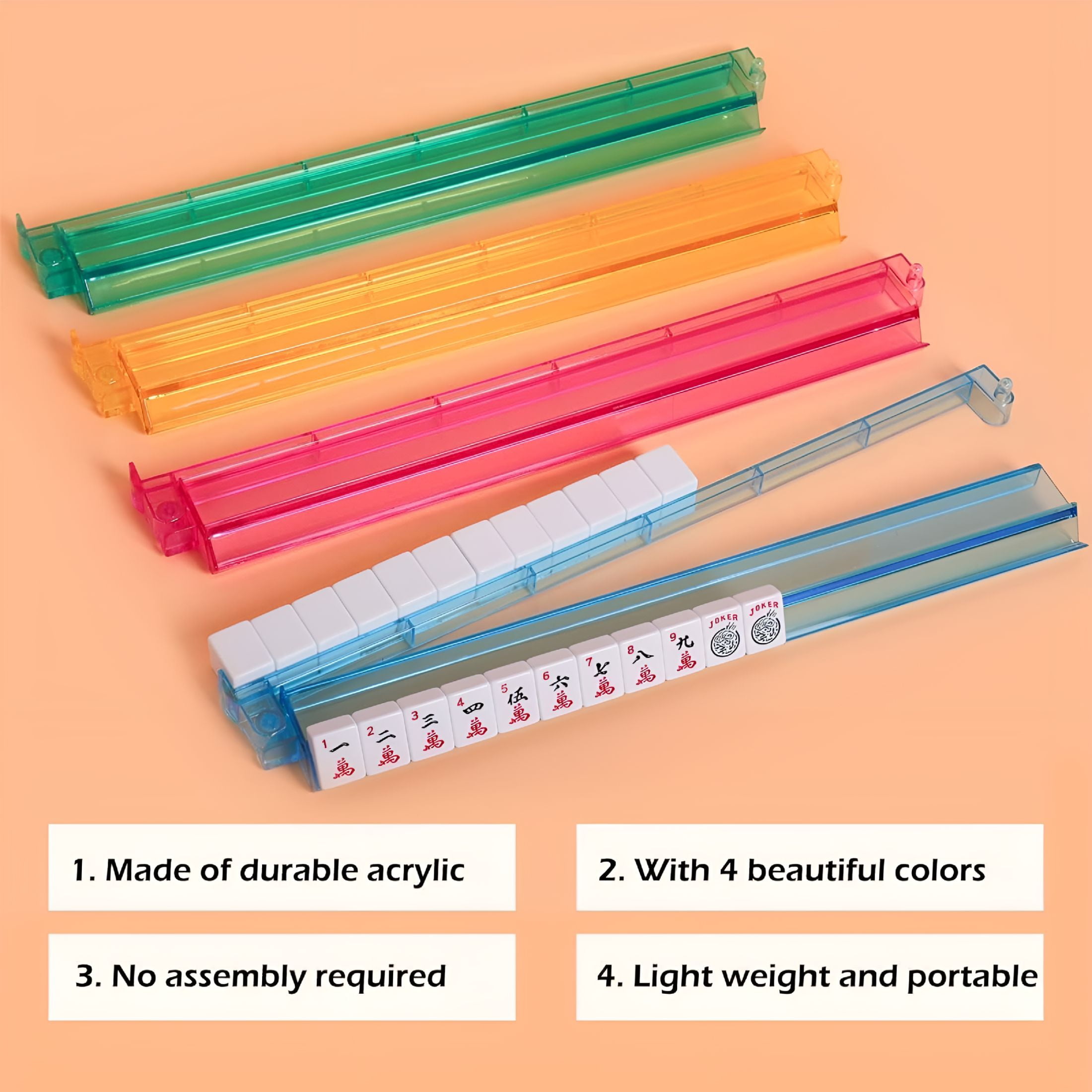 BESTSKY 4Pcs Modern Mahjong Rack & Pusher Combo,Mahjong All-in-One Tile Rack & Pusher,Multicolor Acrylic Mahjong Rack & Pusher Combo,Clear Combo Rack (Pink)