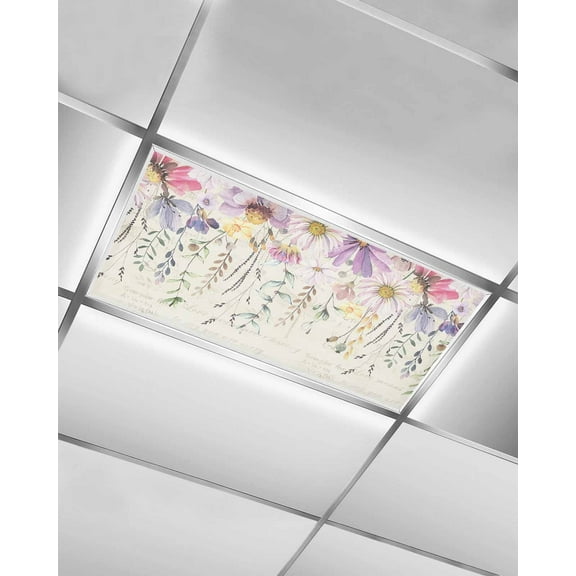 Fluorescent Light Covers for Ceiling Lights 1 Pack,Pink Purple Spring Floral Magnetic Ceiling Light Covers 2x4ft for Classroom Office School,Weeping Summer Botanical Vintage Drop Ceiling Light Shade