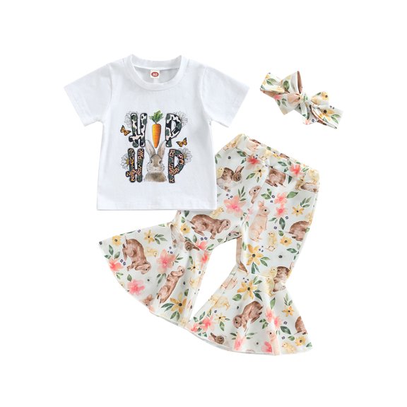 Jxzom Toddler Girl Easter Outfit 6M 12M 18M 2T 3T 4T Bunny Carrot Print Short Sleeve T-Shirt Flared Pants Summer Clothes Set