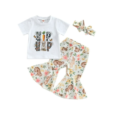 

Toddler Baby Girls Easter Outfit Short Sleeve Bunny T-Shirt Tops Flare Bell Bottom Pants 2Pcs Clothes