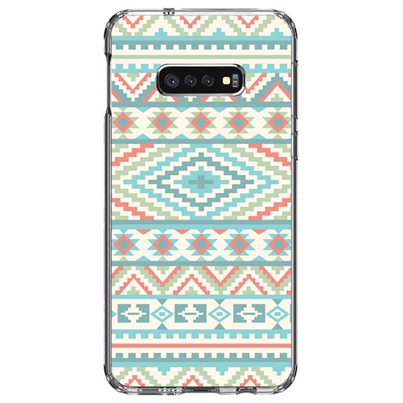 DistinctInk Clear Shockproof Hybrid Case for Samsung Galaxy S10e (5.8" Screen) - TPU Bumper, Acrylic Back, Tempered Glass Screen Protector - Blue Orange White Tribal Print