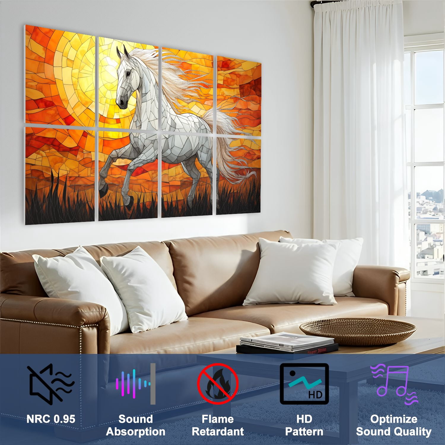 Stained Glass Style 8 Pack Art Acoustic Panels Sound Absorbing White Horse Sunset Decorative Soundproof Wall Panels Self Adhesive for Nursery Game Room Bedroom 48"x32"