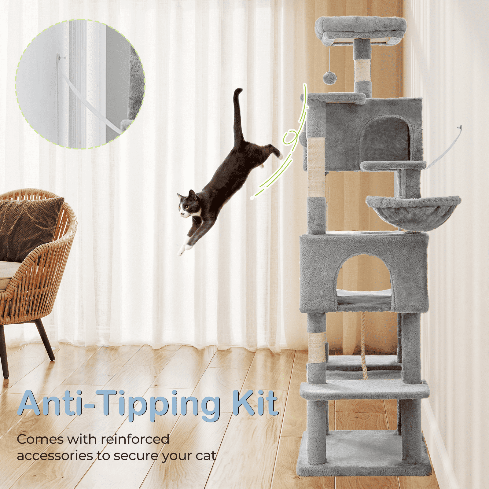 MAYEERTY 66-inch Cat Tree Tower Multi-Cat Climbing Extended Platform Hammock Pet House
