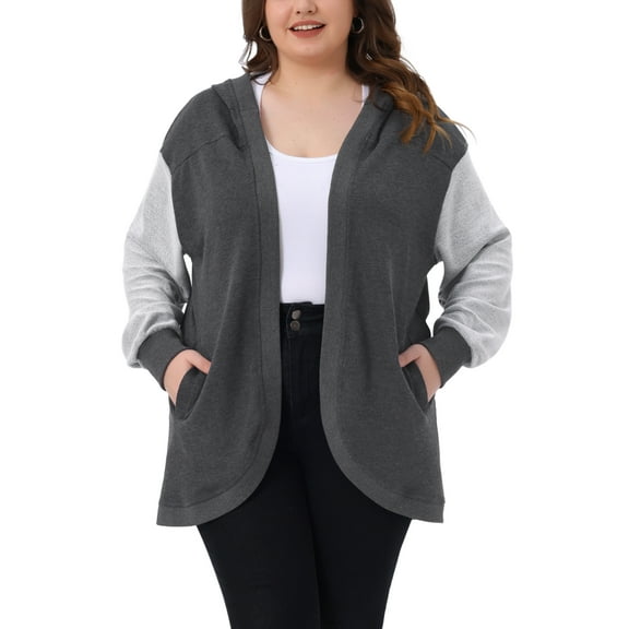 Agnes Orinda Women's Plus Size Jacket Hooded Open Front Color Blocks Long Sleeve Casual Oversized Sweatshirt with Pockets 1X Dark Grey