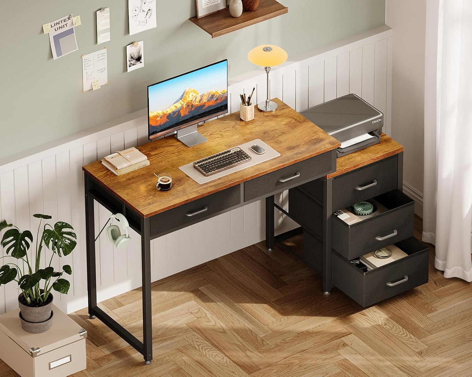 Computer Desk with 5 Drawers, 53 Inch Office Desk with Printer Shelf, Reversible Work Desk for Home Office, Writing Table Desk with Headphone Hook for Storage, Rustic Brown