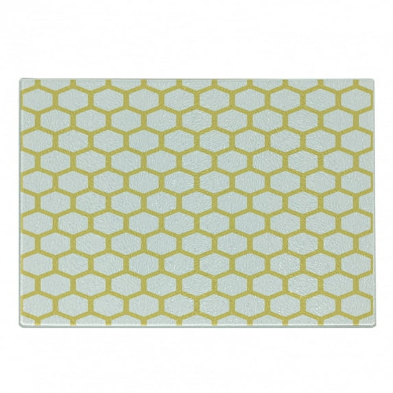 Yellow and White Cutting Board, Hexagonal Pattern Honeycomb Beehive Simplistic Geometrical Monochrome, Decorative Tempered Glass Cutting and Serving Board, Small Size, Yellow White, by Ambesonne