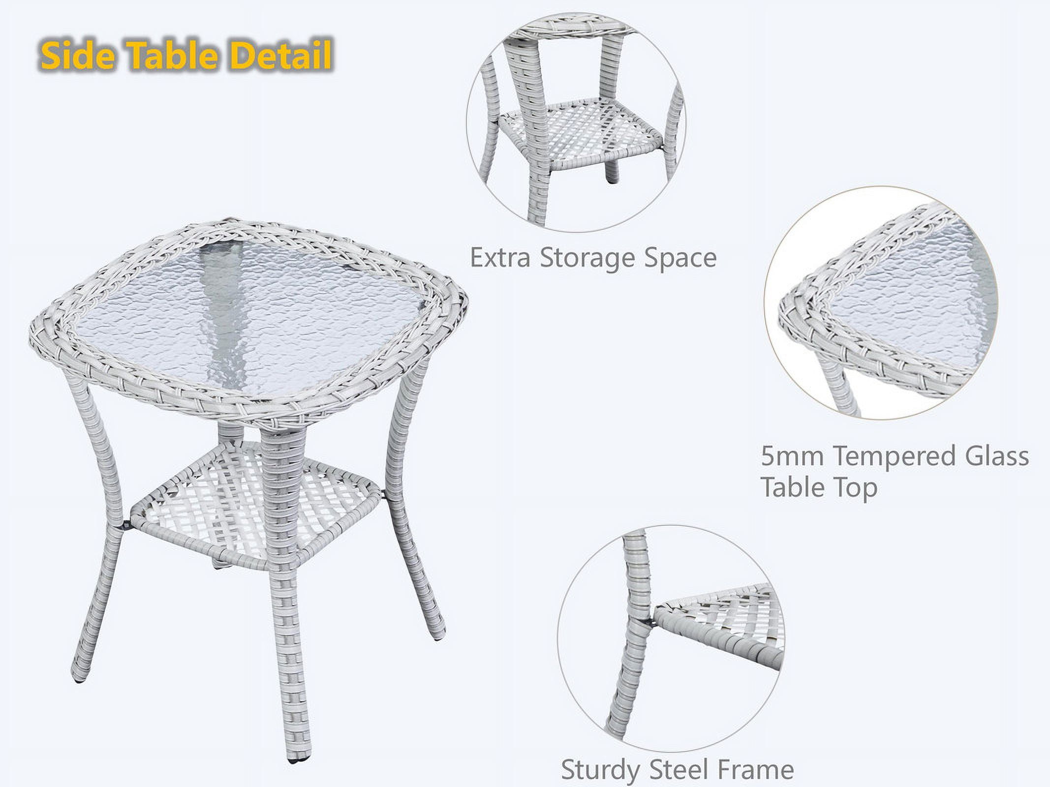 PARKWELL Outdoor Side Table with All-Weather Wicker Shelf - Rattan Tea Tables with Glass Top - Square Offwhite