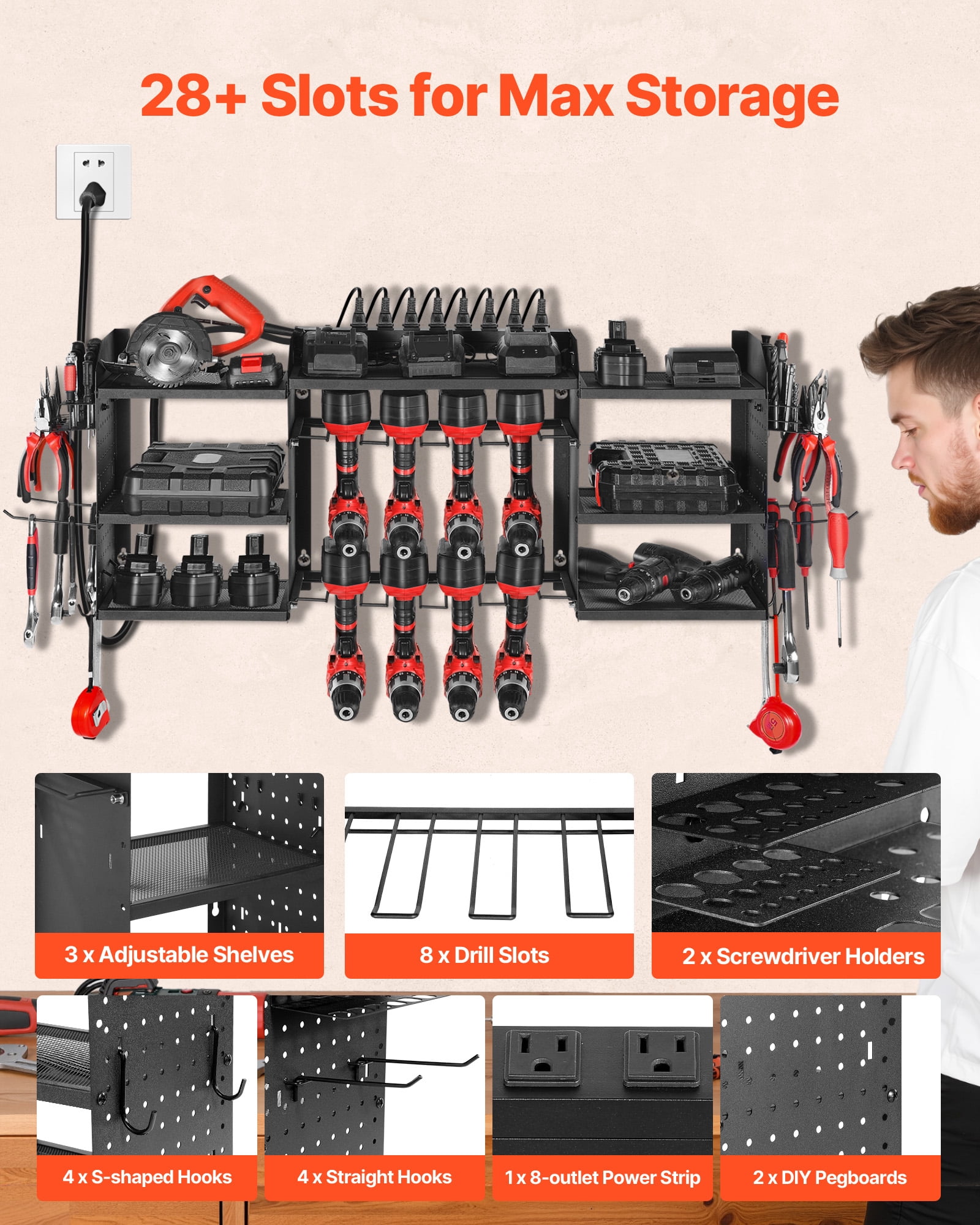 VEVOR Power Tool Organizer with Charging Station, 3-Layer Power Tool Battery Storage Rack with 5.58 ft Power Strip, 8 Drill Holders & 8 Outlets, Garage Tool Organizer for Garage, Workbench, Workshop
