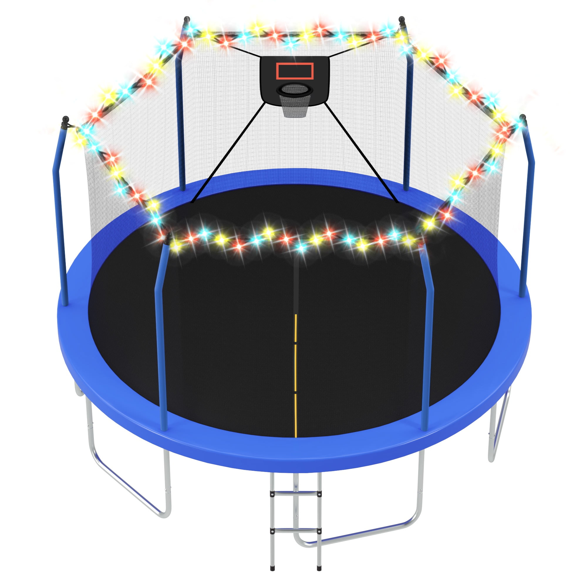 14FT Trampoline with Enclosure for Kids and Adults, SEGMART Upgraded Kids Recreational Outdoor Trampoline with Basketball Hoop, Heavy Duty Round Backyard Trampoline with Lights for Indoor Outdoor