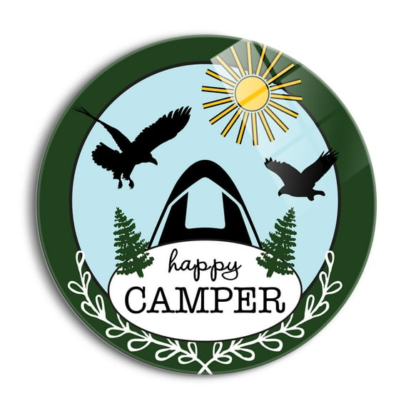Happy Camper Pine Tent Sun Birds 24 inch Glass Round Wall Hanging Sign