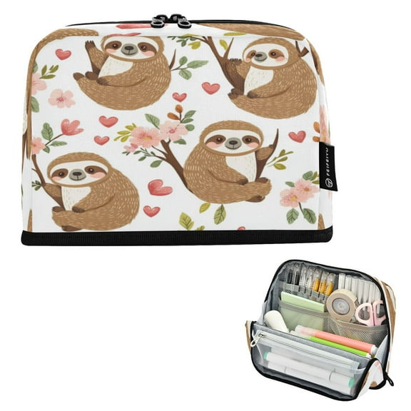 Wobogo Cute Cartoon Sloth Pattern with Hearts and Flowers Large Capacity Durable Zippered Pencil Case Portable Stationery Storage Organizer Bag for Study Office Travel