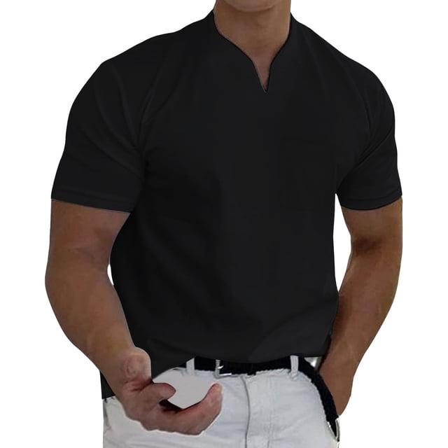 Camisetas Prolriy para hombre, primavera y verano, informales, cuello en V, lisas, de manga corta, blusa, color negro, talla XL