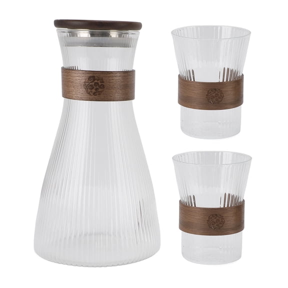 BIMZUC 1600 ml Heat‑Proof Borosilicate Bedside Carafe with Lid   2 300 ml Cups – Ceramic‑Stove Safe, Anti‑Scald Wooden Ring, Dual‑Purpose Teapot & Coffee Pitcher