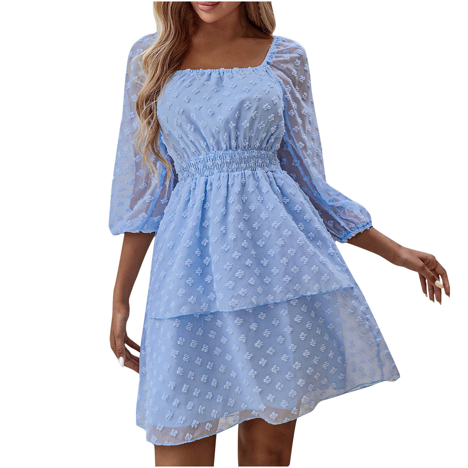 skpabo Womens Smocked Short Sleeve V Neck Mini Dress Summer Swiss Dot Flowy  Short Dress 