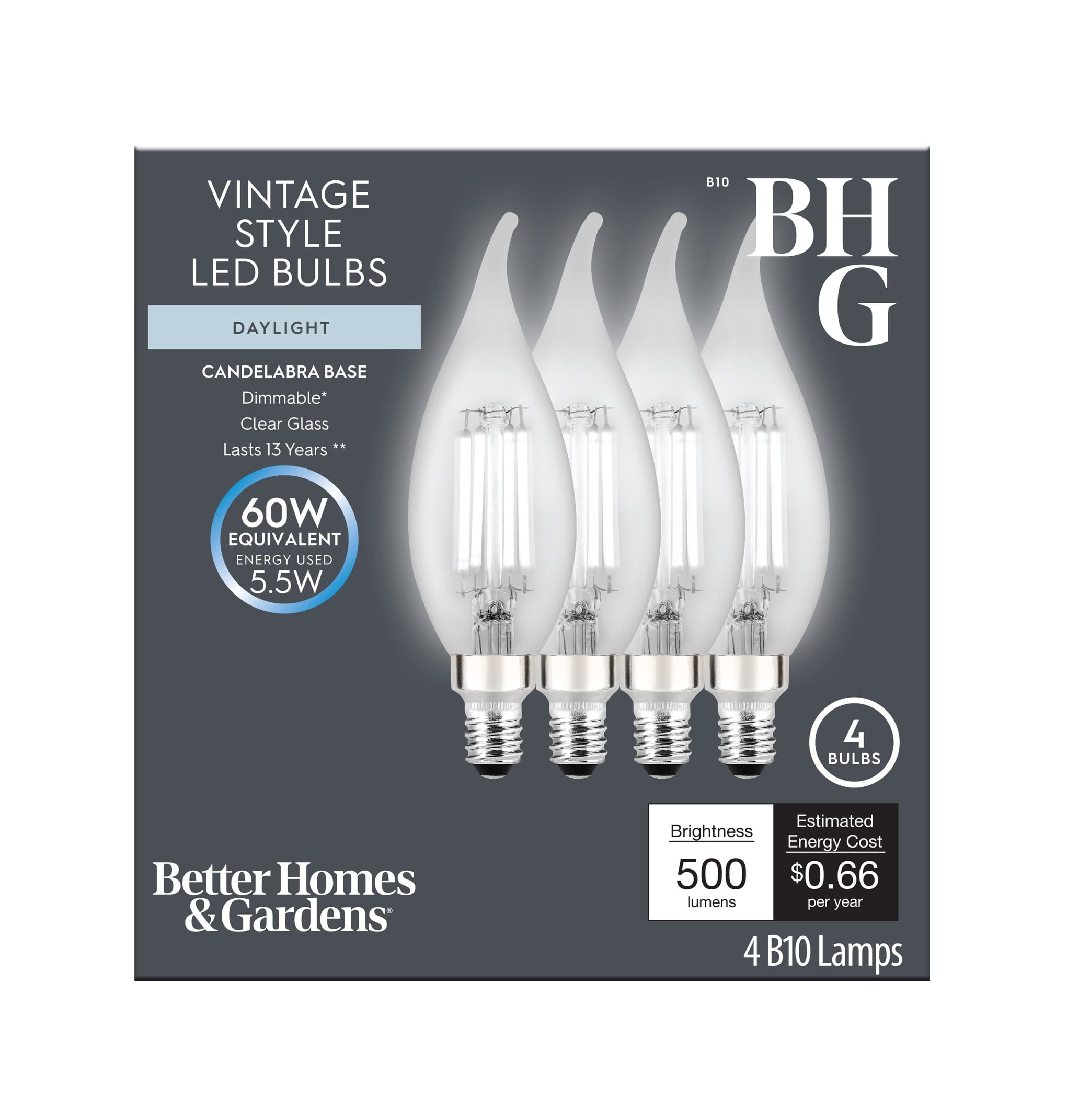 (4 pack) Better Homes & Gardens B10 Vintage LED Light Bulb, 5.5 Watts (60W Equivalent), Daylight, E12, Dimmable, 4 Pack