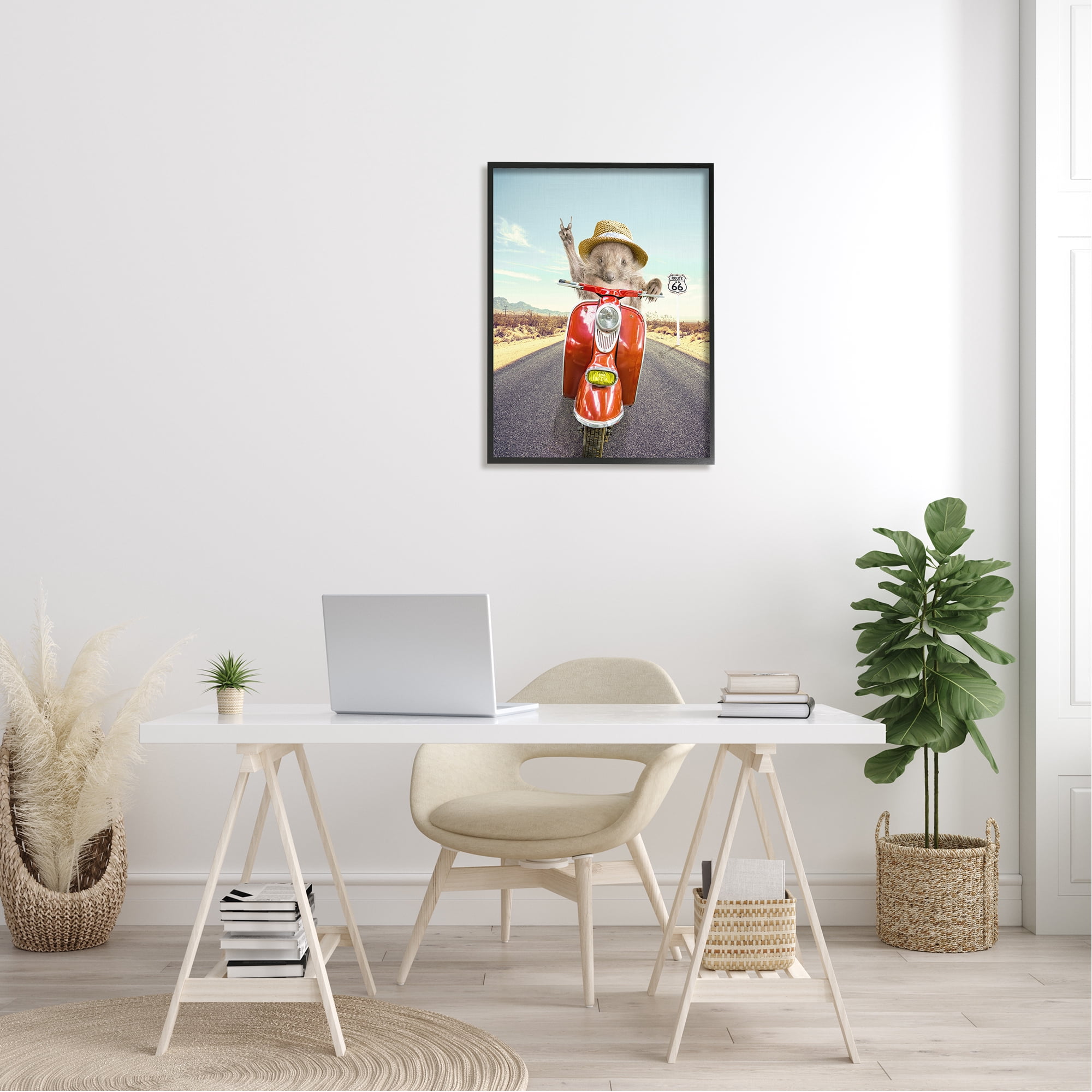 Stupell Industries Animal Riding Red Motor Scooter Route 66 Road Framed Wall Art, 24 x 30, Design by Tai Prints