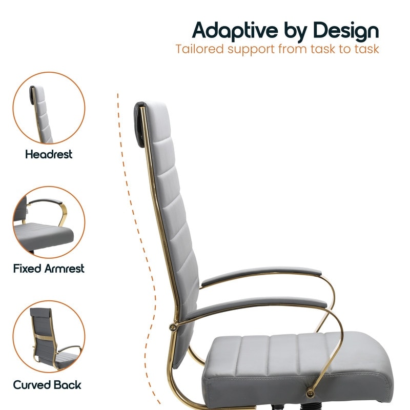 Benmar High-Back Gray Leather Office Desk Chair Ergonomic Executive Chair with Adjustable Swivel, Gold Frame with Cushion Support & Silent Wheels for Home Office Workstations