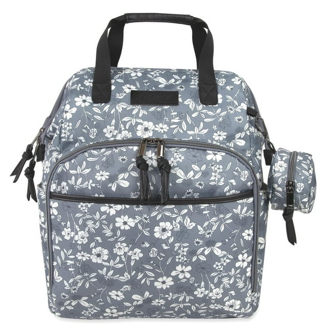 Baby Essentials Super Cooler Main Frame Dual Zipper Closure Diaper Bag Backpack Tote with Matching Changing Pad, Insulated Bottle Pockets, Stroller Straps and Pacifier Pouch in Grey Floral