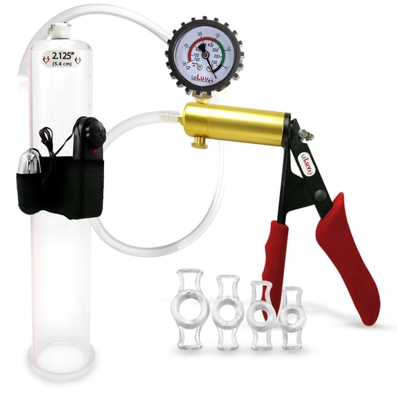 LeLuv Ultima Penis Pump, Brass w/ Red Handle, Silicone Grip, Clear Hose Protected Gauge | 4 Cock Rings | 12" x 2.125" Vibrating Cylinder