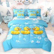 jejeloiu Kawaii Duck 7-Piece Twin Bedding Sets,Cartoon Farm Animal Bedding Comforter Set,Yellow Blue Sheet Sets For Girl Kids,Luxury Bedroom Decor Reversible