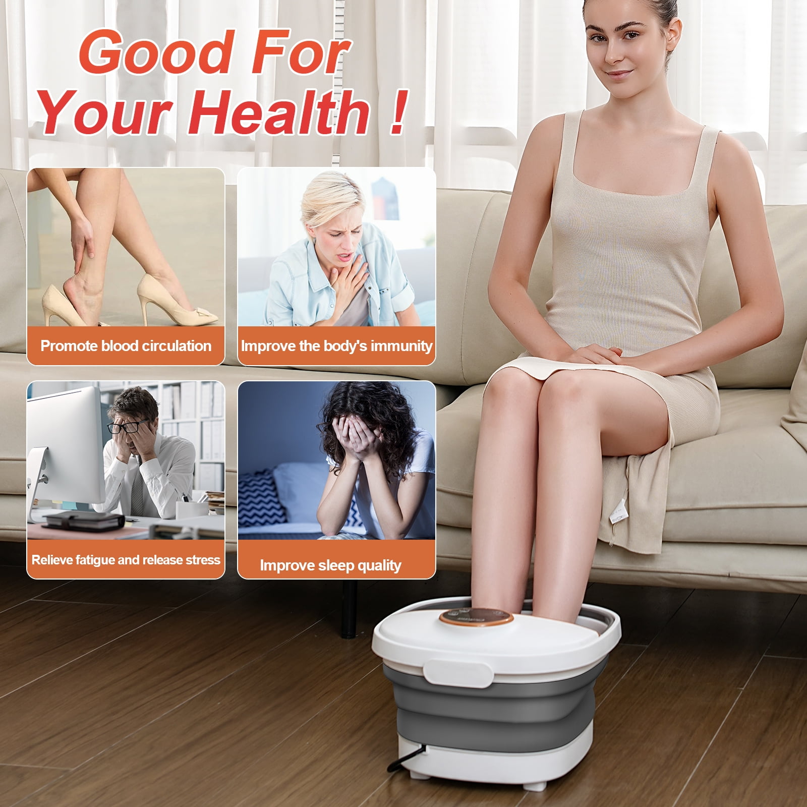 Gehona foot spa bath massager with heat｜6 Rotating Massge Rollers｜Heating & Bubble Function