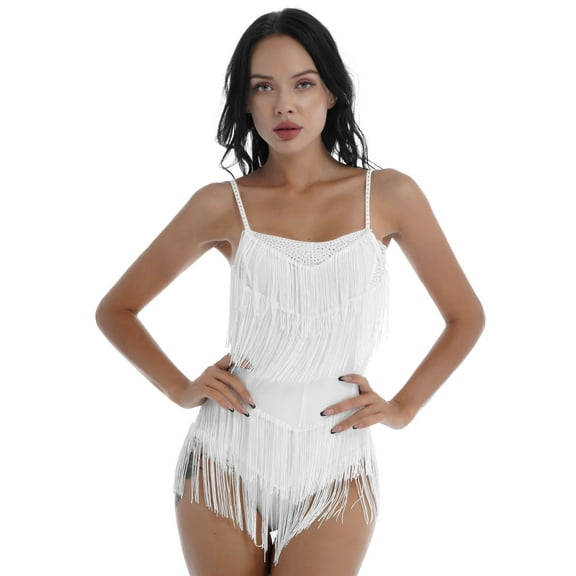 iEFiEL Womens Rhinestone Tassels Latin Dance Dress Tango Fringed Leotard Dress White XL