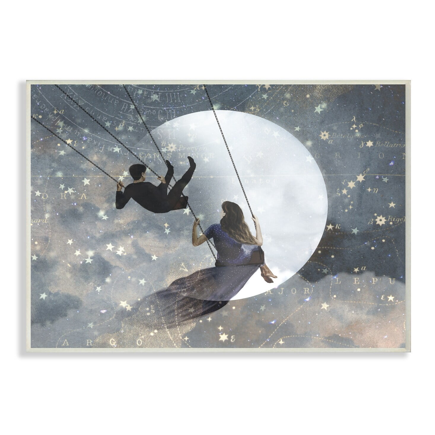 The Stupell Home Decor Collection Grey and Blue Celestial Love Sky Swinging by the Full Moon and Stars Oversized Wall Plaque Art, 12.5 x 0.5 x 18.5