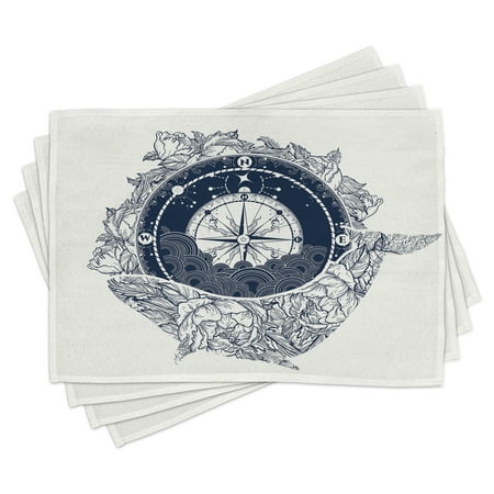 

Adventure Placemats Set of 4 Antique Marine Compass and Floral Whale Figure Mystical Victorian Vintage Washable Fabric Place Mats for Dining Room Kitchen Table Decor Dark Blue White by Ambesonne