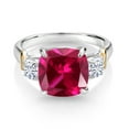 thumbnail image 2 of 925 Silver and 10K Yellow Gold Red Created Ruby and White Moissanite 3 Stone Ring for Women (5.46 Cttw, Gemstone July Birthstone, Cushion 10MM, Round 4MM, Available in Size 5, 6, 7, 8, 9), 2 of 3