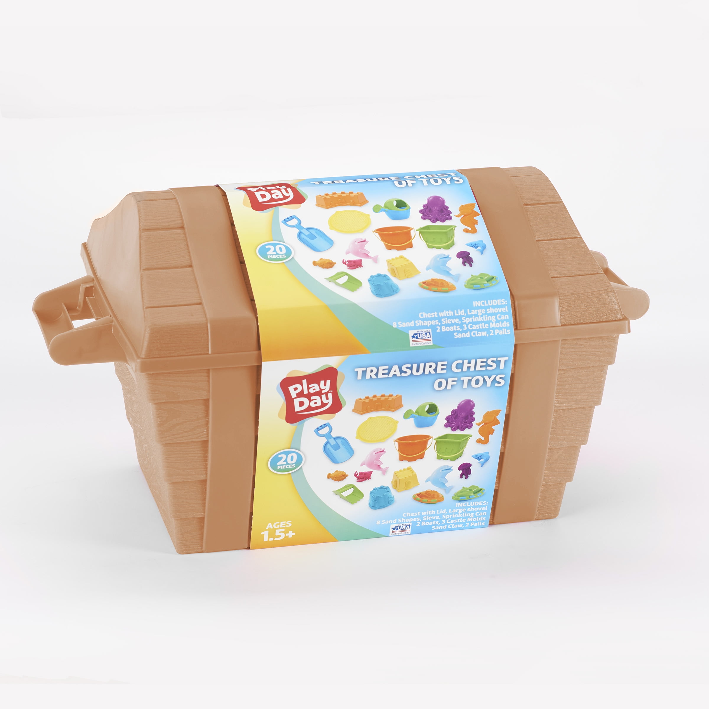 Play Day Treasure Chest with 20-Piece Sand Toys, Brown