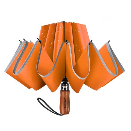 Lejorain Large Reverse Umbrella -50 Inch Windproof Folding Inverted Umbrella - Upside Down with Safety Reflective Strip (7.orange)