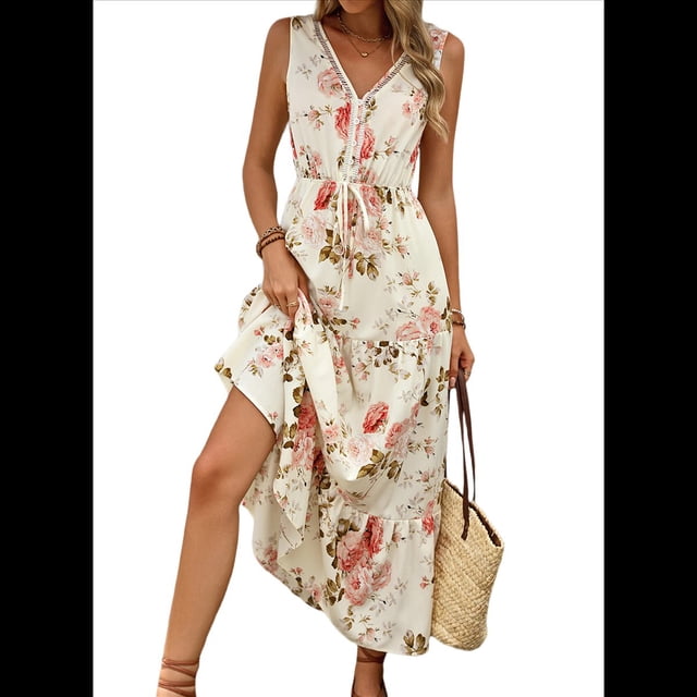 Vestido de Verano para Mujer, Estilo Bohemio, Informal, con Lazo Frontal y Estampado Floral, para Playa y Verano. 1 S