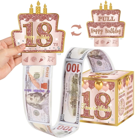 18th Birthday Pull-Out Money Gift Box for Girls - Pink Rose Gold Happy Eighteen 18th Birthday Party Cash Gift Box with Pull-Out Card - A Fun and Loving Way to Offer Cash Present