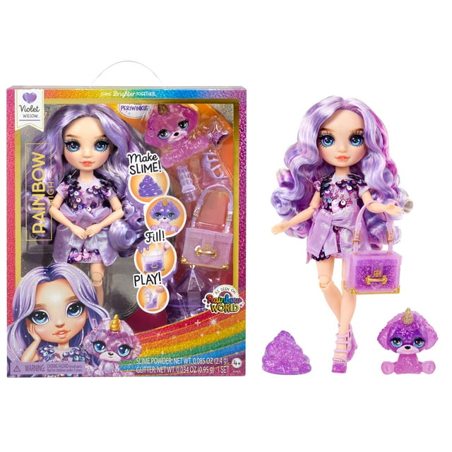 Rainbow High Violeta con Kit de Limo y Mascota, Muñeca de 11", Morado, Mayores de 4 Años