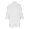 thumbnail image 5 of ShomPort Women's Cotton Linen 3/4 Sleeve Lapel Shirts Two Piece Work Set Elastic Waist Wide Leg Shorts with Pockets, 5 of 6