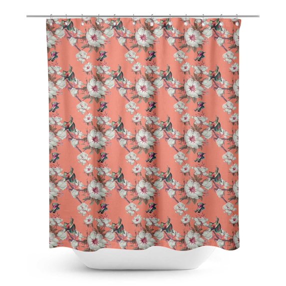 S4Sassy Orange Floral & Kingfisher Bird Water Repellent Bath Shower Curtain With Roller Rings Hook-60 x 75 Inch