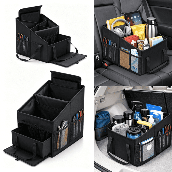 RIONIMA Car Organizer with Divider and Mesh Pockets, Collapsible Backseat Storage Caddy with Handles, Travel Accessories and Car Trunk Organizer for Groceries and Daily Essentials