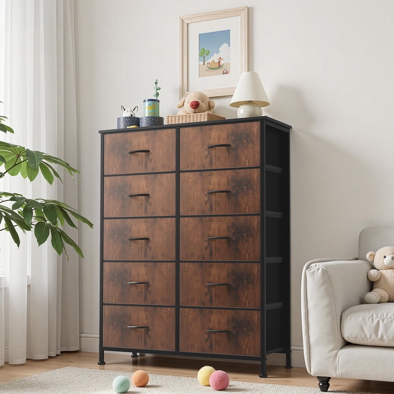 Kelno 10 Drawer Fabric Dresser Storage Tower Chest Organizer with Wood Top Steel Frame, Rustic Brown