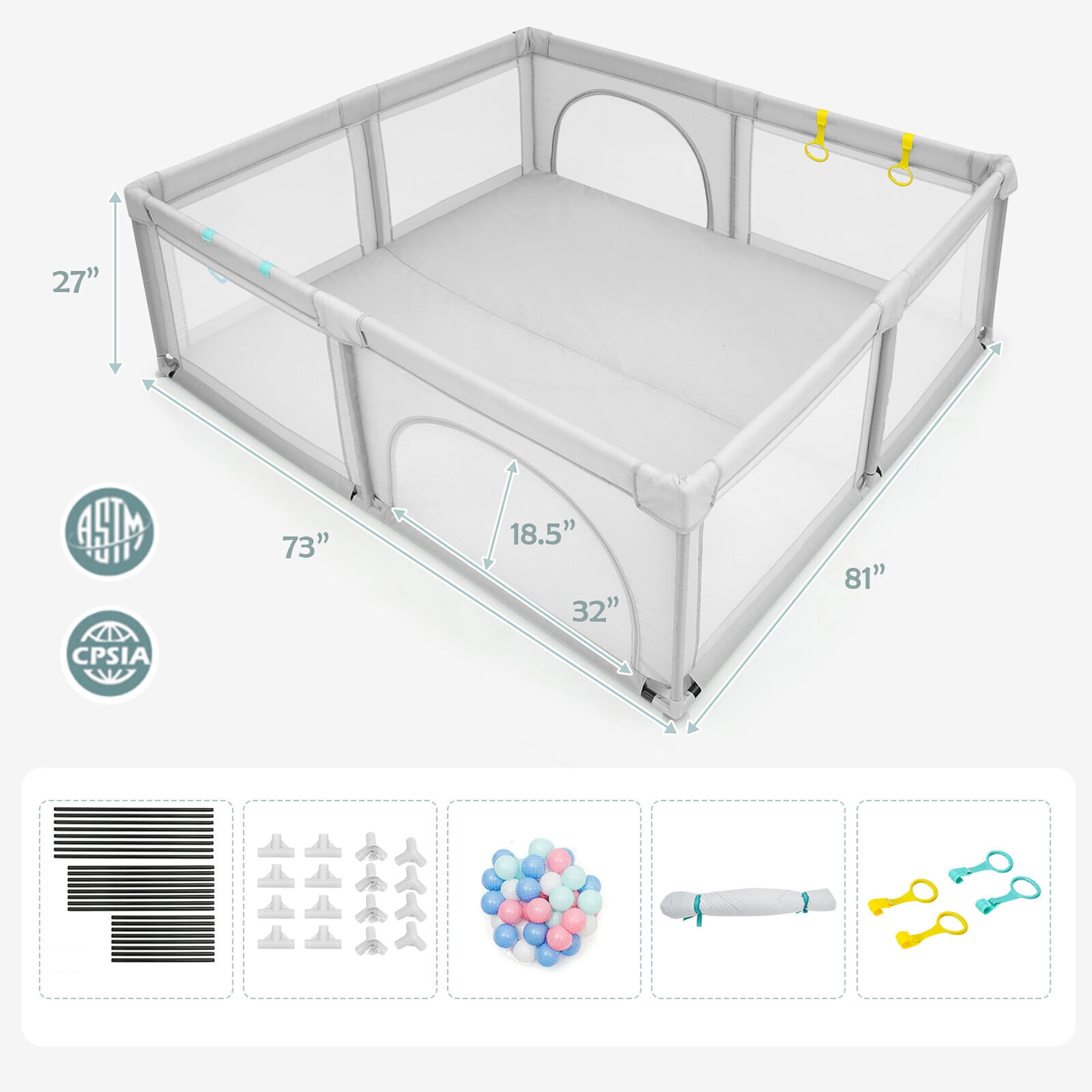 Gymax Extra Large Baby Playpen Safety Baby Play Yard w/ 50 Ocean Balls & 4 Handles Light Grey