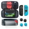 Nintendo Switch 6 items Starter Kit, by Insten Carrying Case Hard Shell Cover + 3-pack LCD Film + Joy-Con Controller Skin [Left BLACK/Right BLUE] + Joy-Con Thumb Grip Stick Caps for Nintendo Switch