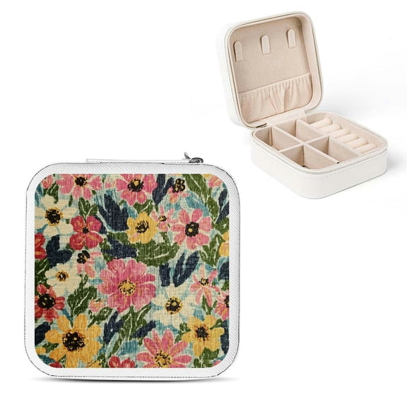 Autua Flowery Fabric Colorful Flowers Jewelry Box for Travel and Gifts White