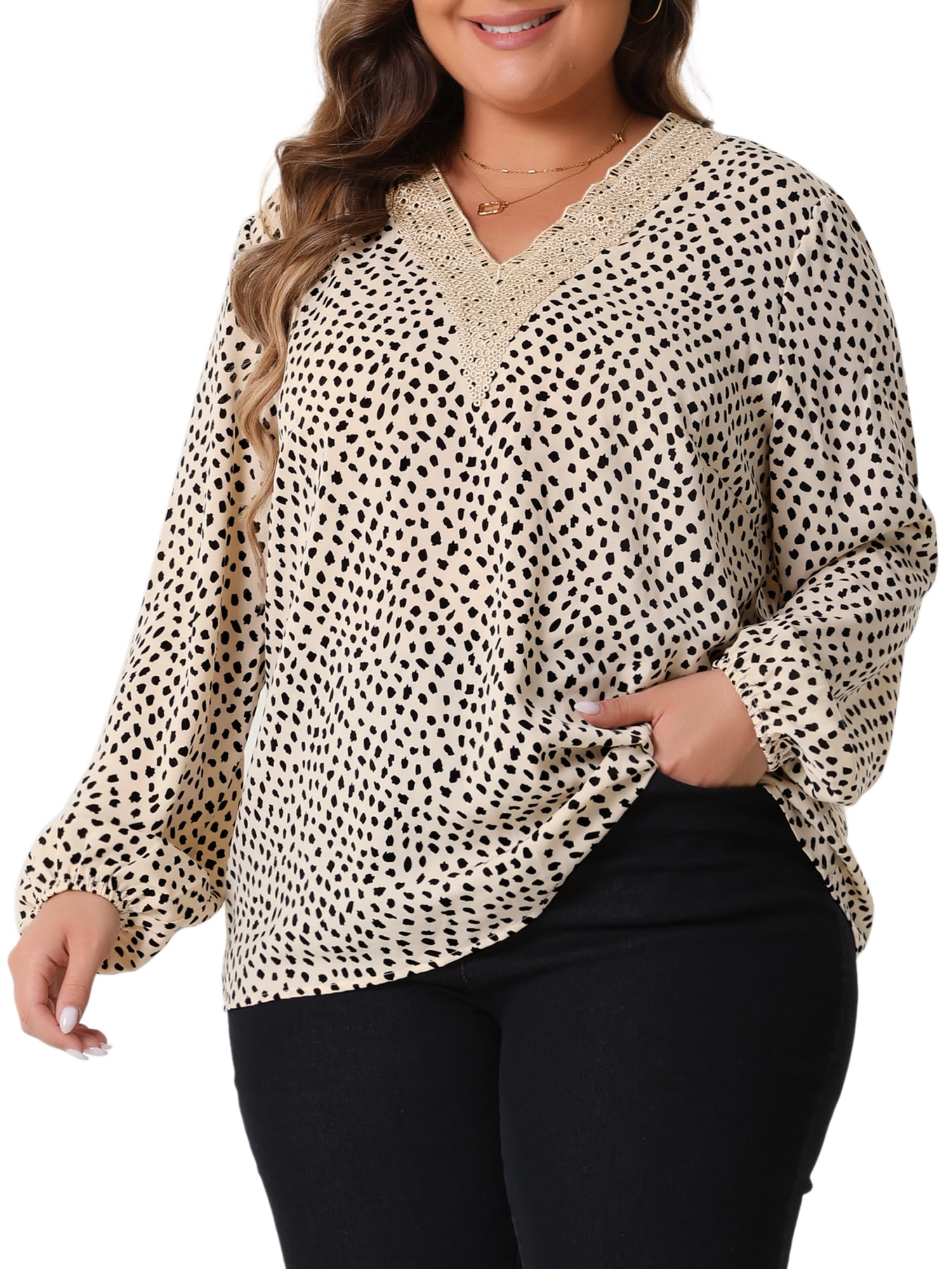 DARING DIVA Women's Plus Lace Trim V Neck Leopard Chiffon Blouse 2X Khaki