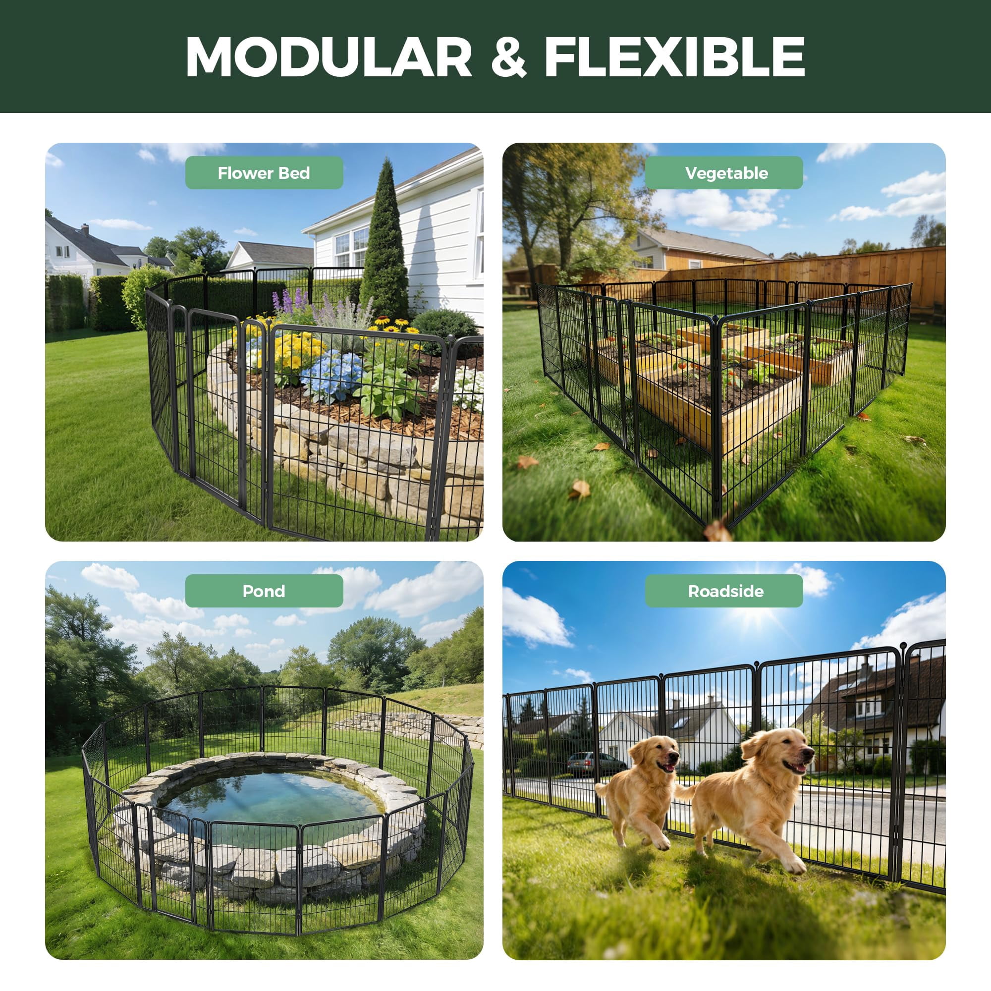FXW Garden Fence Outdoor for the Yard – 40in(H) x 36.4ft(L) Heavy Duty Metal Animal Barrier for Dog, No Dig Decorative Dog Fence, 16 Panels, Black