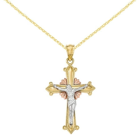 Versil 14 Karat Y/With R Gold Polished Crucifix Pendant with 18-inch Chain
