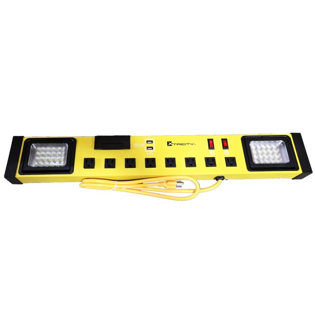 Xtricity - Barre d'Alimentation Robuste à 8 Prises avec Lumières DEL et Support pour Téléphone, Jaune